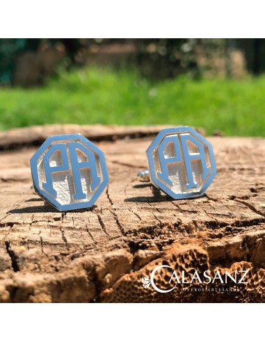 Gemelos Plata Hexágono Con Iniciales Personalizadas