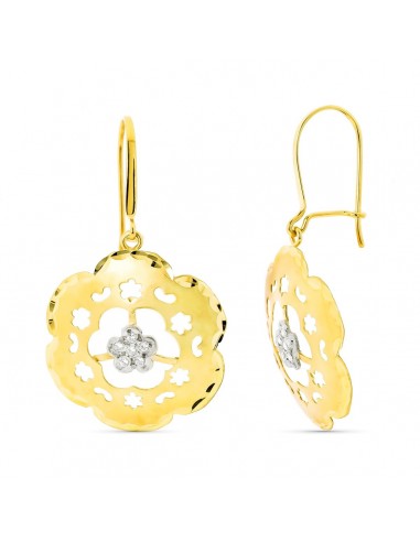 18K PENDIENTES ORO BICOLOR FLOR MATE Y BRILLO