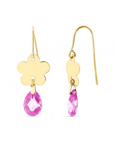 18K PENDIENTES ORO AMARILLO FLOR PIEDRA ROSA 10 X 7 MM