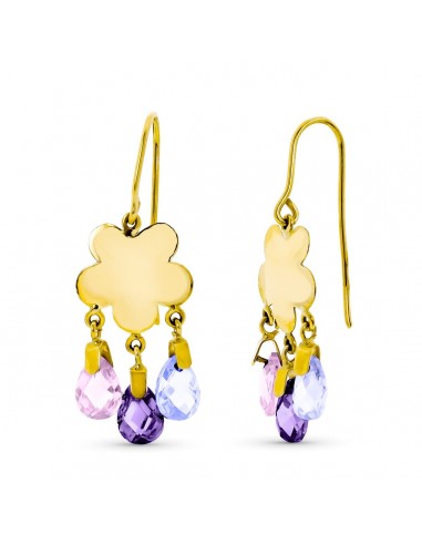 18K PENDIENTES ORO AMARILLO LARGO FLOR 3 PIEDRAS COLOR RS-AT-MA