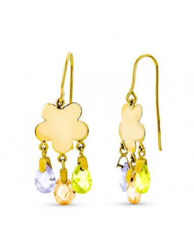 18K PENDIENTES ORO AMARILLO LARGO FLOR 3 PIEDRAS COLOR CT-MA-OL