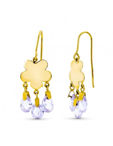 18K PENDIENTES ORO AMARILO LARGO FLOR 3 PIEDRAS COLOR MALVA