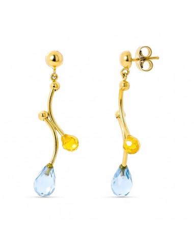 18K PENDIENTES ORO AMARILLO LARGOS PIEDRAS AGUA MARINA Y CITRINO