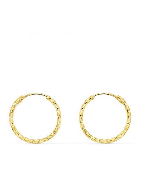 18K AROS ORO AMARILLO HUECOS RETORCIDOS CON TALLADO. 15 X 1,30 MM