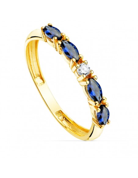 18K SORTIJA ORO AMARILLO 4 CIRCONITAS AZULES TALLA MARQUISE ANCHO 2 MM