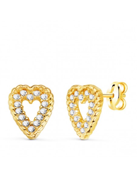 18K PENDIENTES ORO AMARILLO CORAZON 9X7 MM 28 CIRCONITAS PRESION