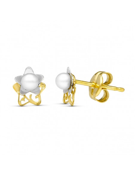 18K PENDIENTES ORO BICOLOR PERLA LASER. 6 X 5 MM.