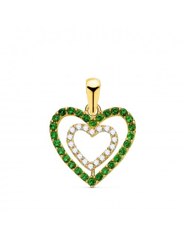 18K COLGANTE ORO AMARILLO CORAZONES CON CIRCONITAS VERDES Y BLANCAS 15 X 14MM