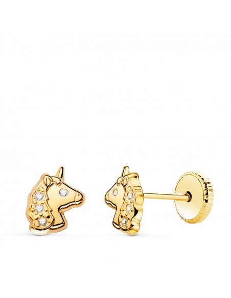 18K PENDIENTES ORO AMARILLO UNICORNIOS BRILLO CON CIRCONITAS TUERCA 7,5 X 6MM