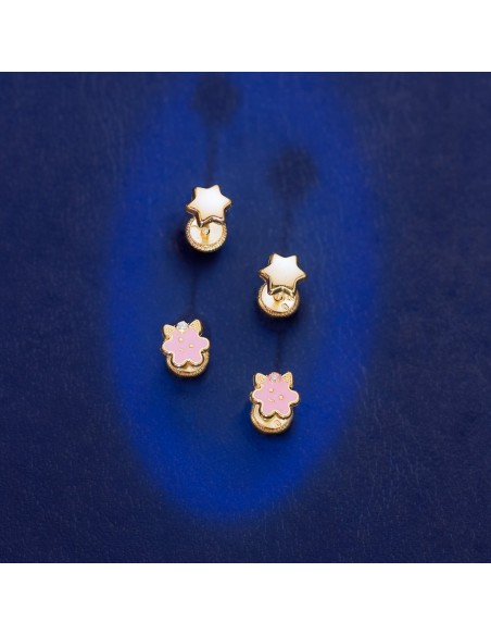 18K PENDIENTES ORO AMARILLO FLOR ESMALTE ROSA CIERRE TUERCA 6,5 X 6,5 MM