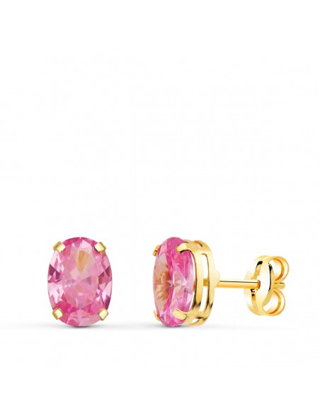 18K PENDIENTES ORO AMARILLO OVAL PIEDRA ROSA 7 X 5 MM. CIERRE PRESION