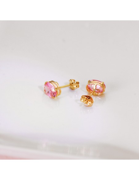 18K PENDIENTES ORO AMARILLO OVAL PIEDRA ROSA 7 X 5 MM. CIERRE PRESION