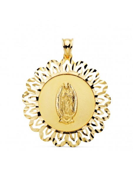 18K MEDALLA ORO AMARILLO VIRGEN GUADALUPE CERCO TALLADO 37X34 MM