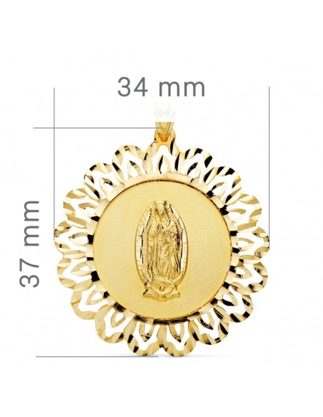 18K MEDALLA ORO AMARILLO VIRGEN GUADALUPE CERCO TALLADO 37X34 MM