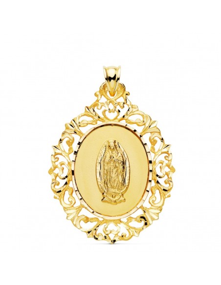 18K MEDALLA ORO AMARILLO VIRGEN GUADALUPE CERCO FILIGRANA 39X30 MM