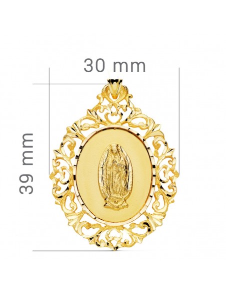 18K MEDALLA ORO AMARILLO VIRGEN GUADALUPE CERCO FILIGRANA 39X30 MM