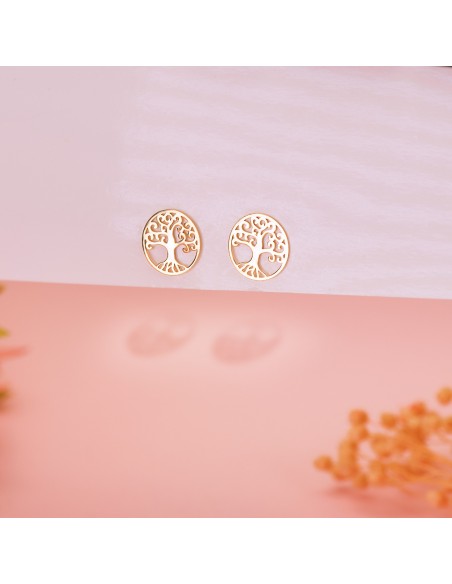 18K PENDIENTES ORO AMARILLO ARBOL DE LA VIDA EN BRILLO CALADOS 10 MM. CIERRE PRESION