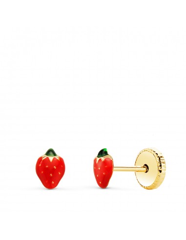 18K PENDIENTES ORO AMARILLO FRESAS MINIS ESMALTE 5,5X4 MM. CIERRE TUERCA