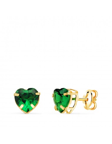 18K PENDIENTES ORO AMARILLO CORAZON PIEDRA COLOR VERDE 6 X 6 MM. CIERRE PRESION