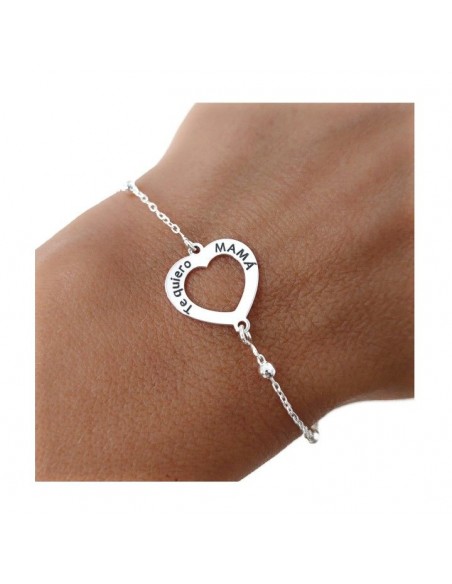 Pulsera Plata Bolitas Corazón Mamá