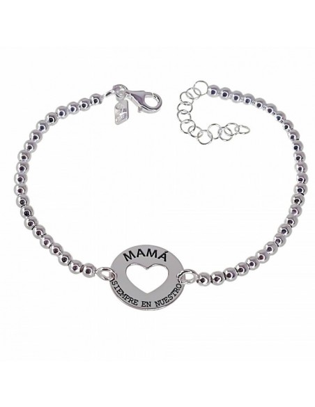 Pulsera Plata Bolas Disco Corazón Calado Mamá