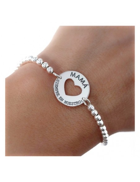 Pulsera Plata Bolas Disco Corazón Calado Mamá