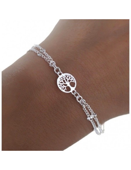 Pulsera Plata Doble Cadena Árbol De La Vida