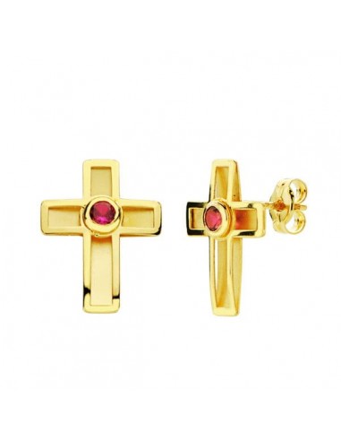 9K PENDIENTES ORO AMARILLO CRUZ CON PIEDRA ROJA 10X7 MM CIERRE PRESION