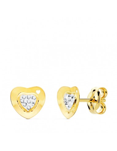 9K PENDIENTES ORO AMARILLO COMUNION CORAZON Y CIRCONITAS 7X7 MM PRESION