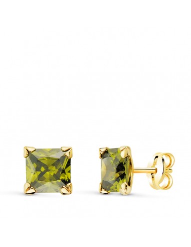 9K PENDIENTES ORO AMARILLO 4 GARRAS OLIVINA NATURAL 6X6 MM 2.30 QTS PRESION