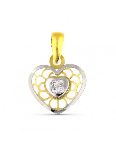 9K COLGANTE ORO BICOLOR CORAZON CON DETALLES CALADOS Y CIRCONITAS