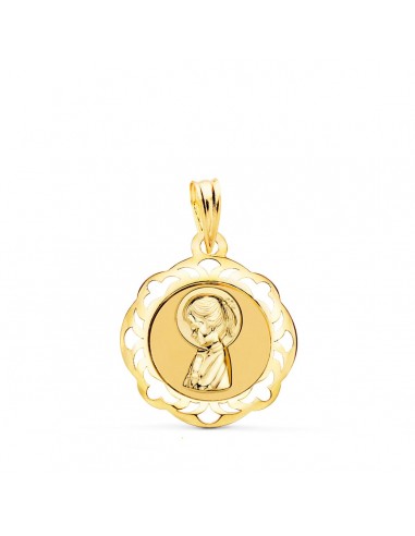 18K MEDALLA VIRGEN NIÑA CERCO CALADO EN BRILLO 20X18 MM