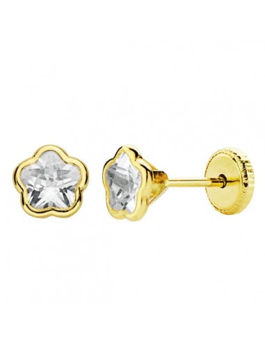 18K PENDIENTES ORO AMARILLO FLOR CIRCONITA 5X5 MM CIERRE TUERCA