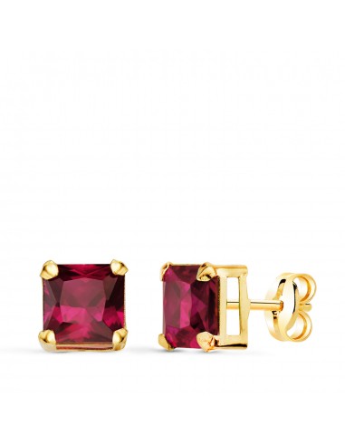 18K PENDIENTES ORO AMARILLO CUADRADOS PIEDRA COLOR ROJO 6 X 6 MM. CIERRE PRESION